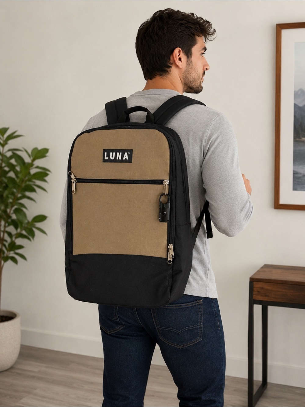 LUNA Travel Backpack Unisex Tan and Black Everyday Backpack